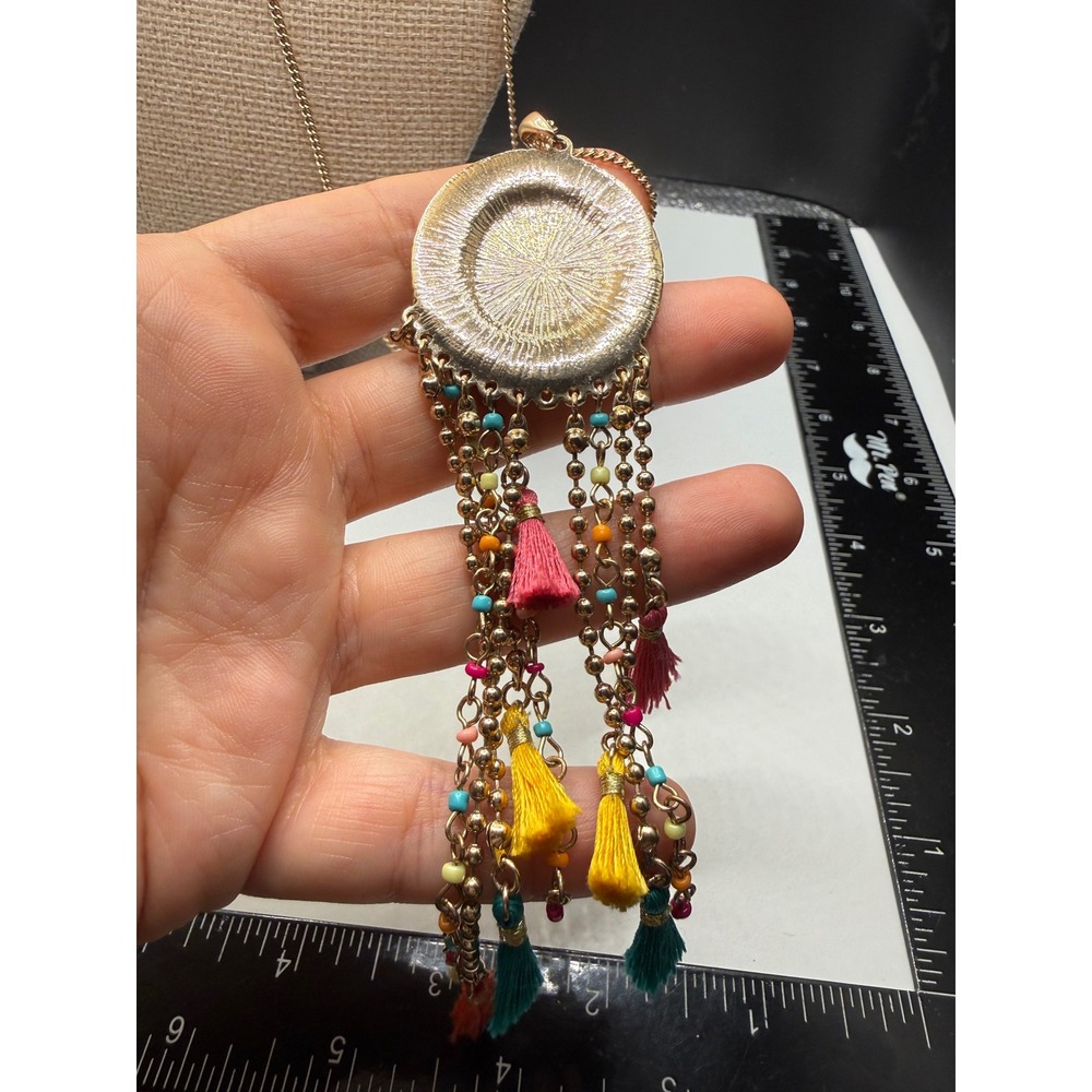 Boho Long Tassel Pendant Necklace Gold Tone Multi Color Beaded Statement Jewelry - Picture 3 of 5